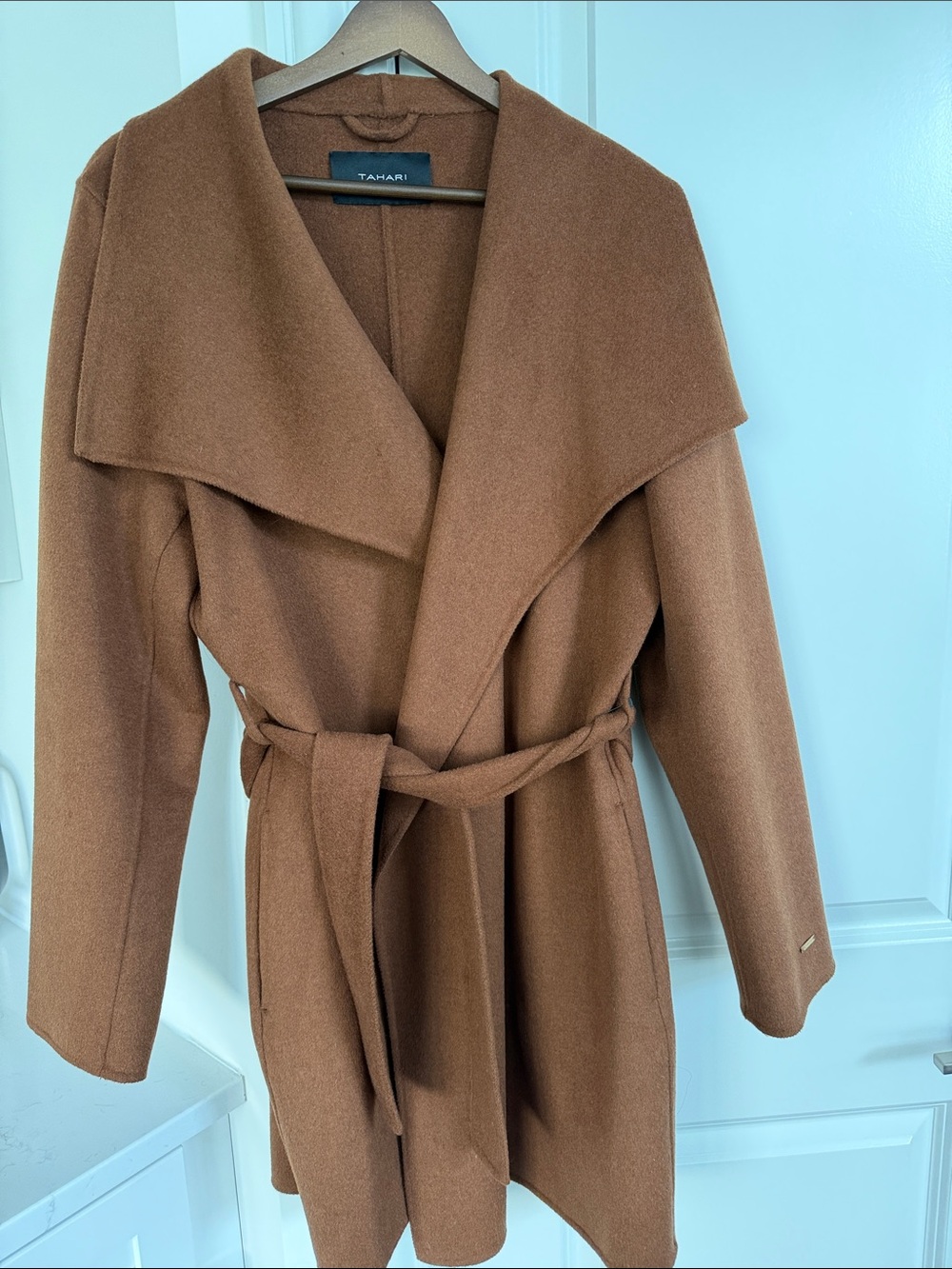 Tahari Camel Brown Belted Wool-Blend Wrap Coat.    Lightweight.